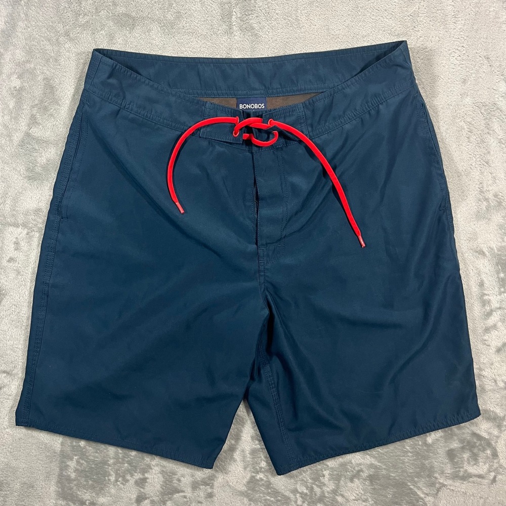 BONOBOS Board Shorts Swimwear Men 34 Navy Blue Solid Lace Up Beach Trunks Pool